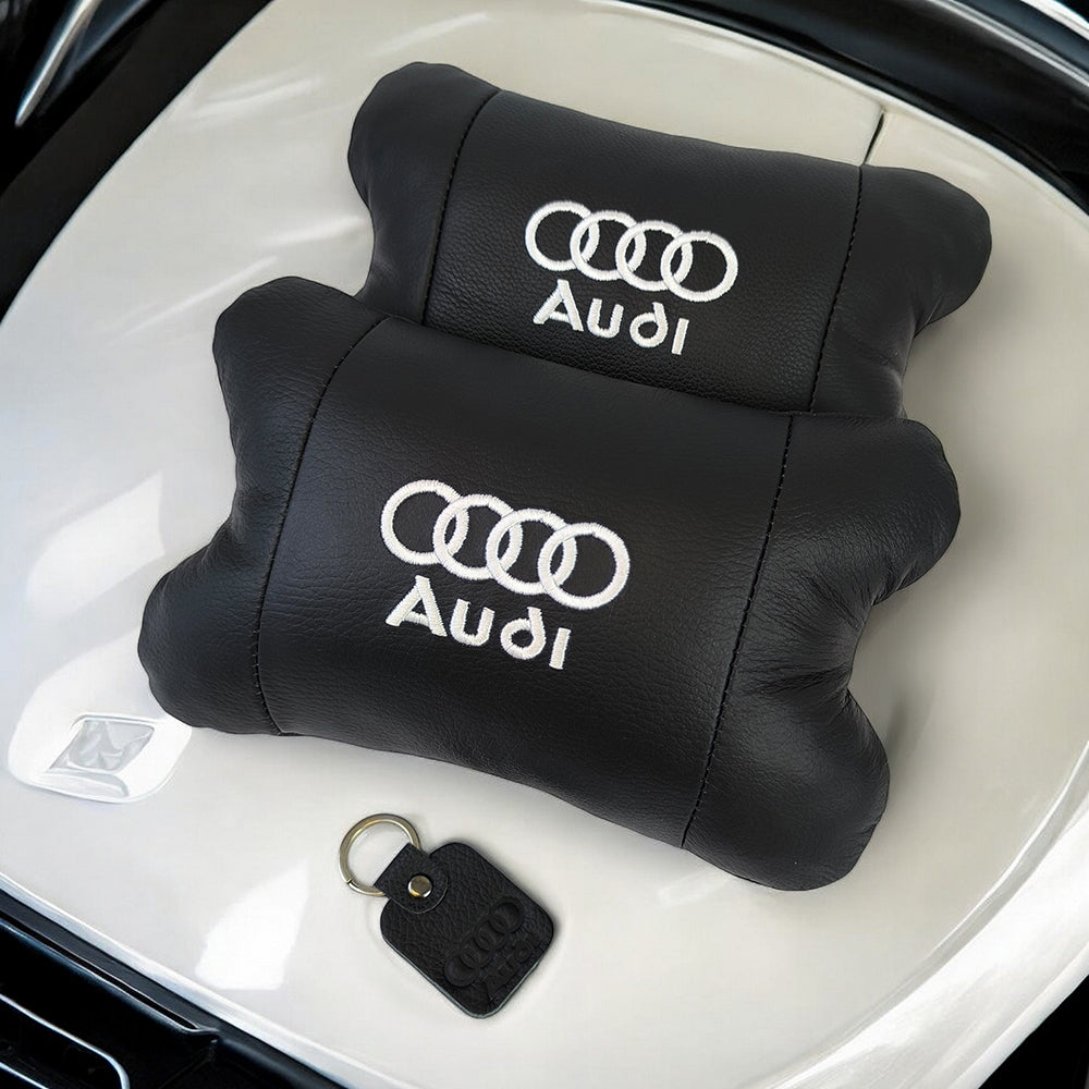 Набор автодушки 2шт на подголовник Audi / Ауди из натуральной кожи черная / Подголовник в машину