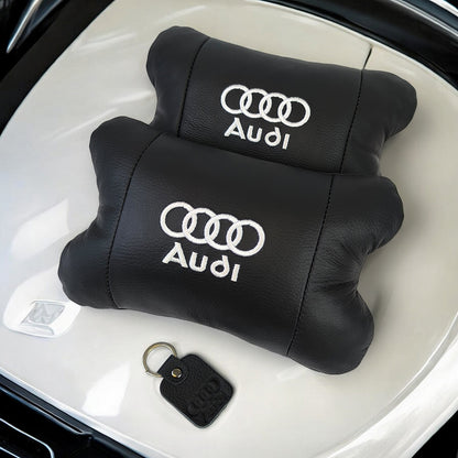 Набор автодушки 2шт на подголовник Audi / Ауди из натуральной кожи черная / Подголовник в машину