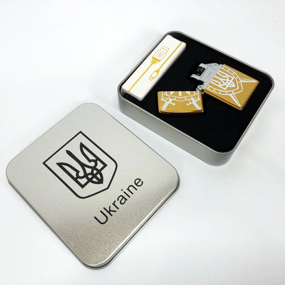 Дуговая электроимпульсная USB зажигалка Украина (металлическая коробка) HL-446. Цвет: золотой