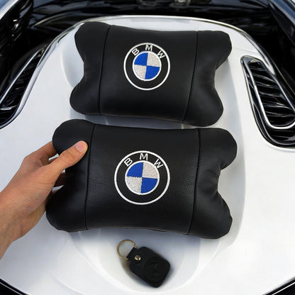 Авто подушки 2 шт — набор BMW из натуральной кожи, на подголовник в машину, Автомобильная подушка БМВ