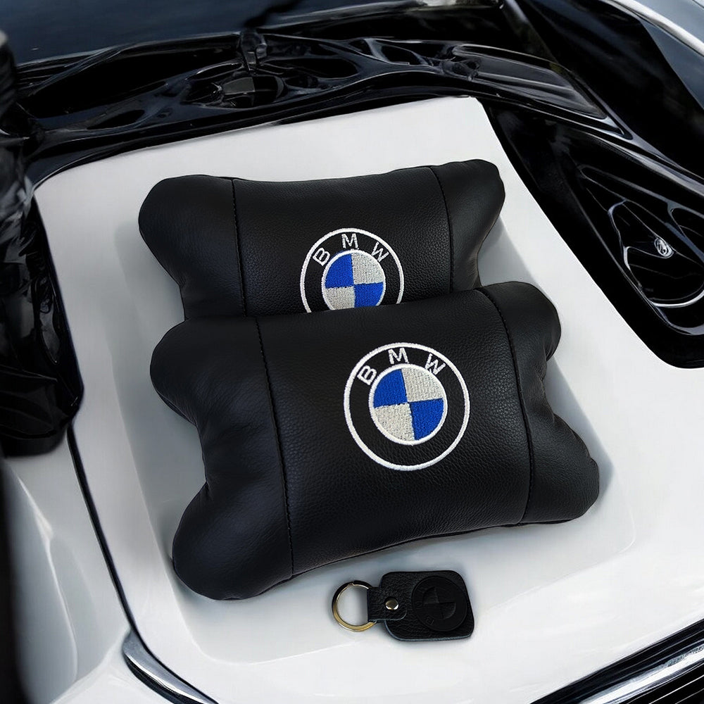 Авто подушки 2 шт — набор BMW из натуральной кожи, на подголовник в машину, Автомобильная подушка БМВ