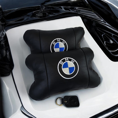 Авто подушки 2 шт — набор BMW из натуральной кожи, на подголовник в машину, Автомобильная подушка БМВ