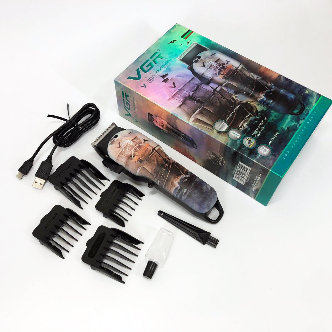 Аккумуляторная машинка для стрижки VGR V-690 от USB Нержавеющая сталь, подстригательная машинка