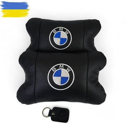 Авто подушки 2 шт — набор BMW из натуральной кожи, на подголовник в машину, Автомобильная подушка БМВ