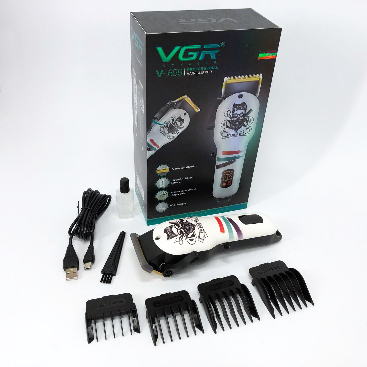 Машинка для стрижки волос и бороды профессиональная VGR V-699 B с насадками и LED дисплеем. Цвет: белый