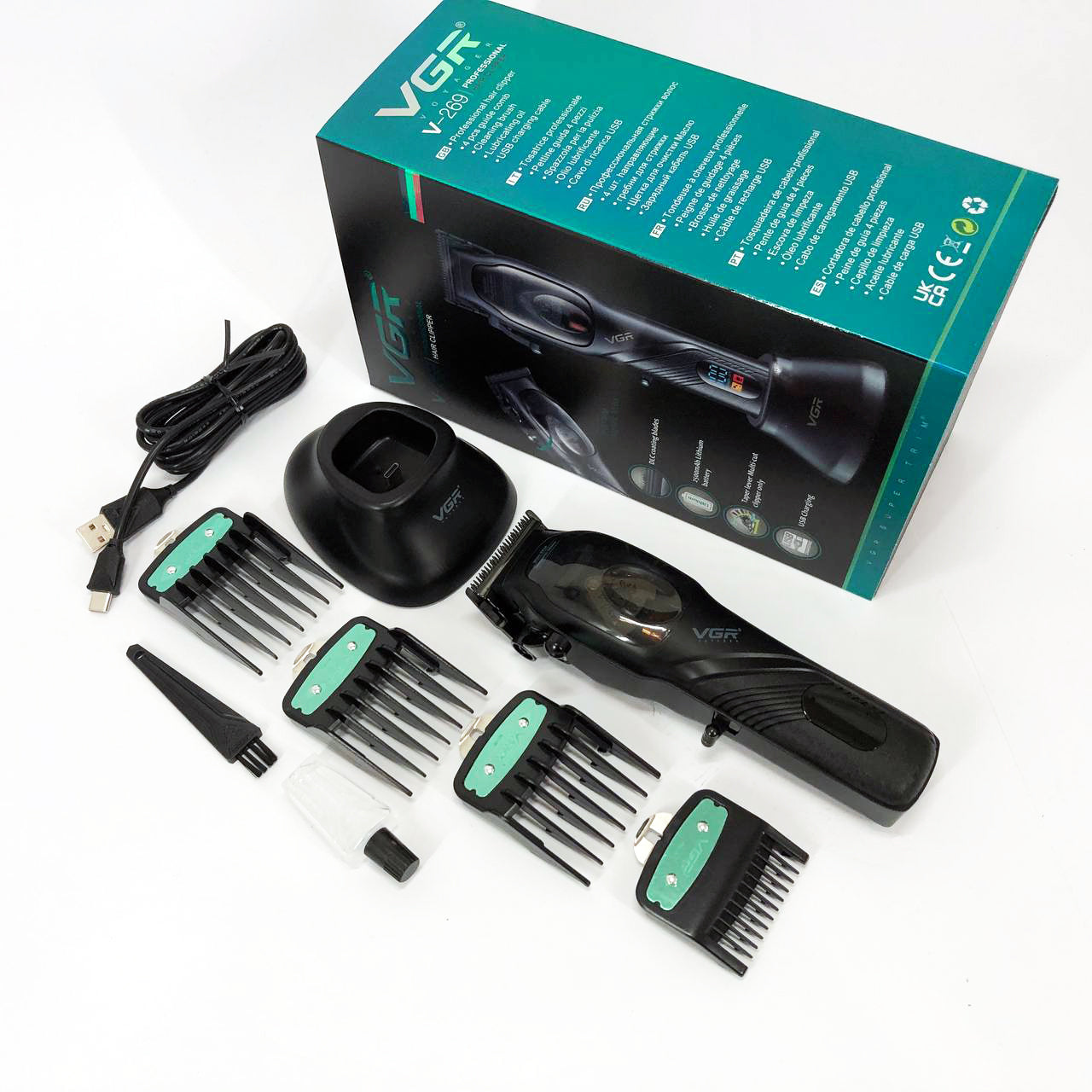 Машинка для стрижки волос VGR V-269 (профессиональная) с дисплеем и 4 насадками, окантовочная машинка