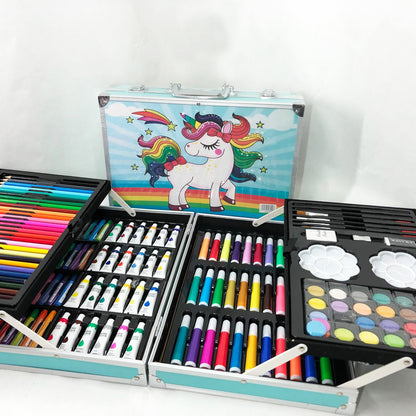 Набор для творчества в алюминиевом чемодане Единорог 145 предметов, чемодан для рисования детский кейс. Цвет: голубой