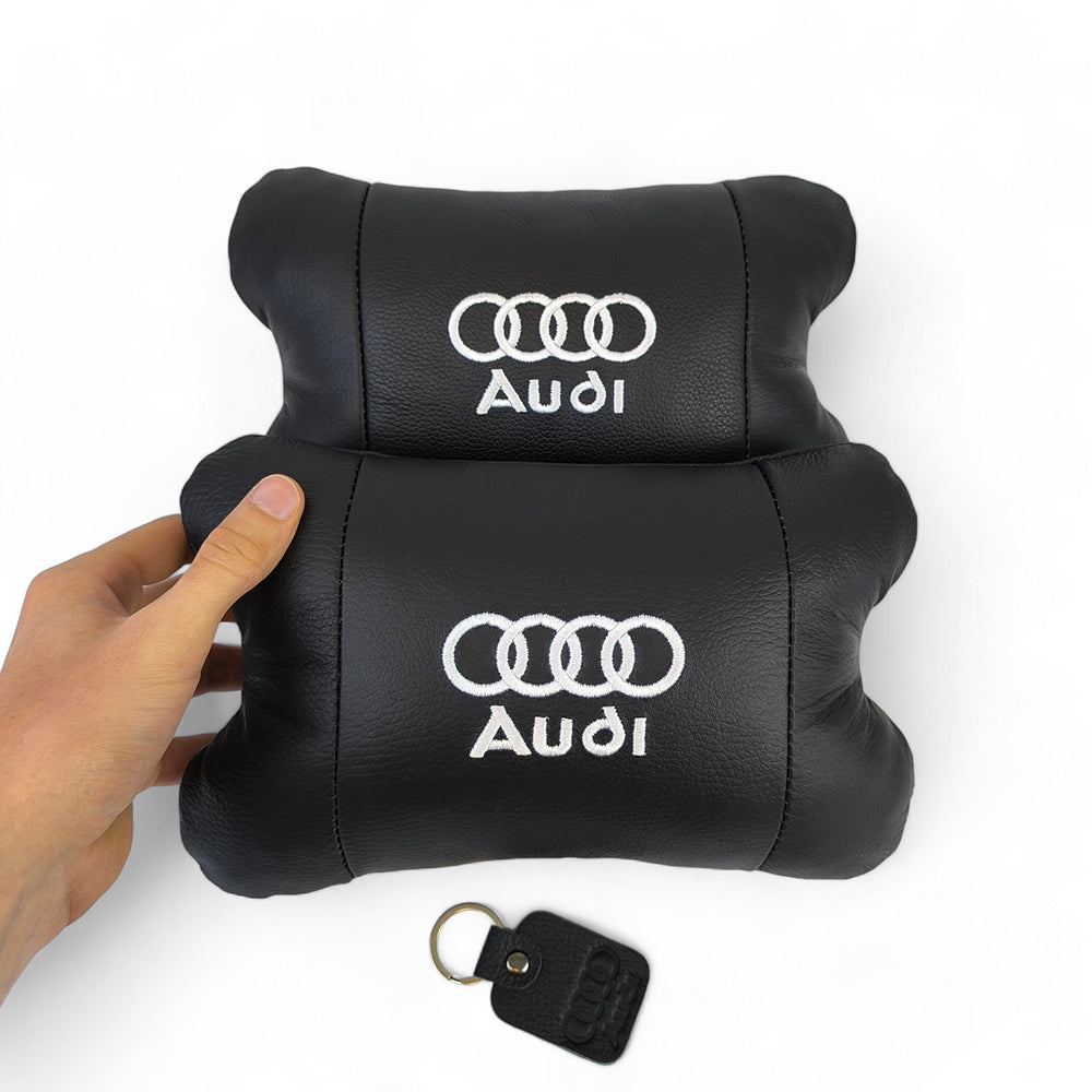Набор автодушки 2шт на подголовник Audi / Ауди из натуральной кожи черная / Подголовник в машину