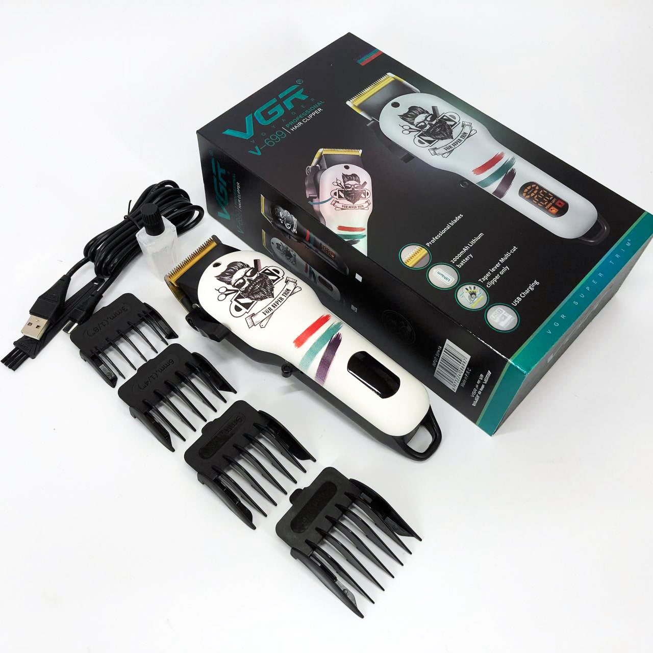Машинка для стрижки волос и бороды профессиональная VGR V-699 B с насадками и LED дисплеем. Цвет: белый