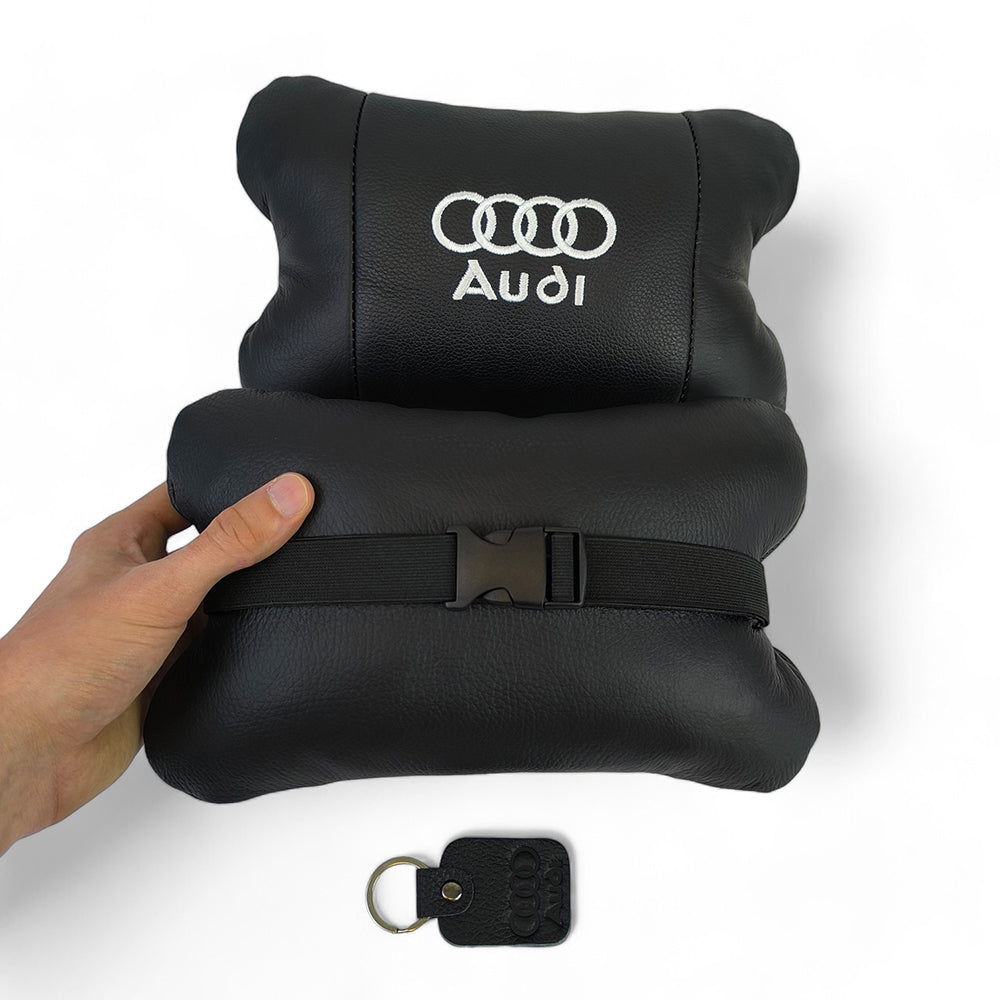 Набор автодушки 2шт на подголовник Audi / Ауди из натуральной кожи черная / Подголовник в машину