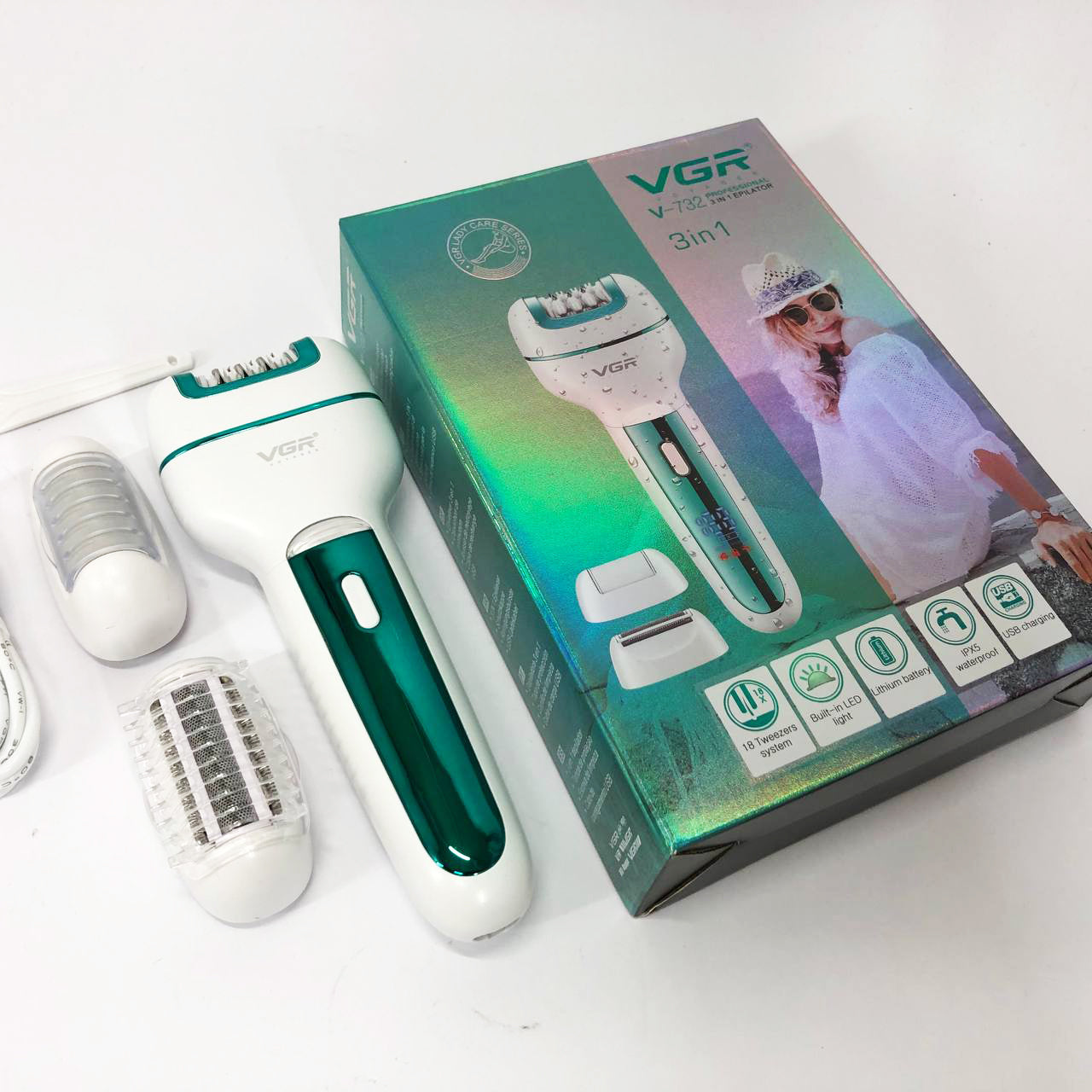 Женский беспроводной эпилятор 3в1 VGR V-732 для ног и зоны бикини с подсветкой и дисплеем. Цвет: зеленый