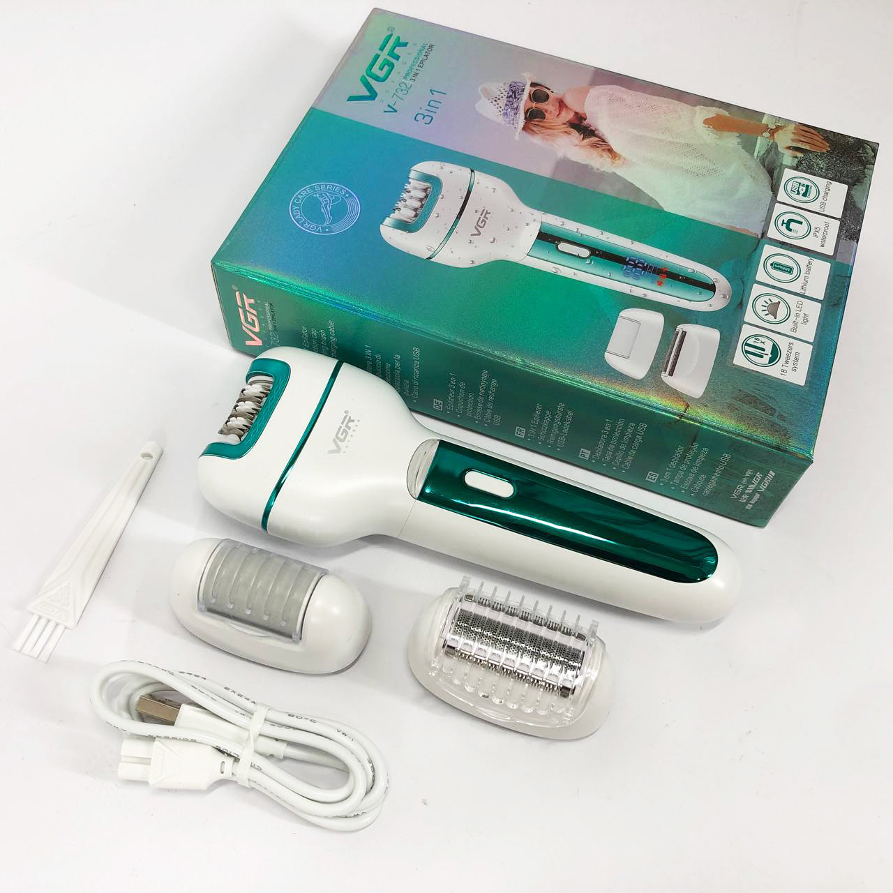 Женский беспроводной эпилятор 3в1 VGR V-732 для ног и зоны бикини с подсветкой и дисплеем. Цвет: зеленый