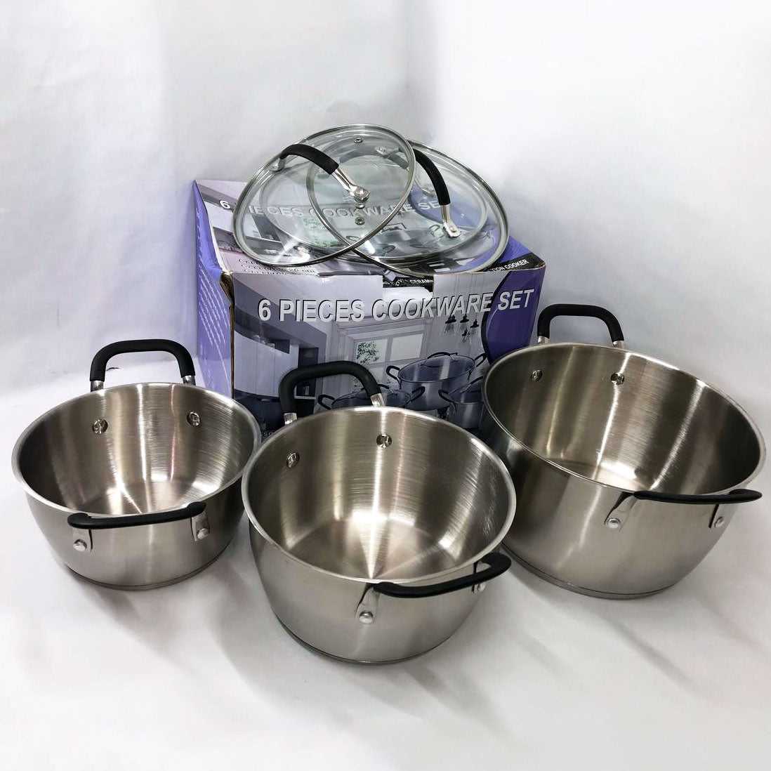 Набор кастрюль 6 предметов LB-1891 из нержавеющей стали со стеклянной крышкой, наборы кастрюль
