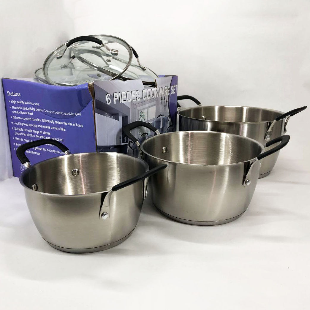 Набор кастрюль 6 предметов LB-1891 из нержавеющей стали со стеклянной крышкой, наборы кастрюль