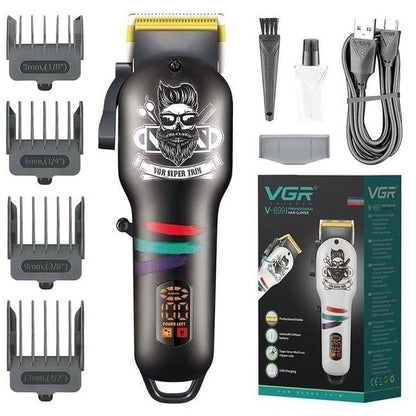 Машинка для стрижки волос и бороды профессиональная VGR V-699 с насадками и LED дисплеем. Цвет: черный
