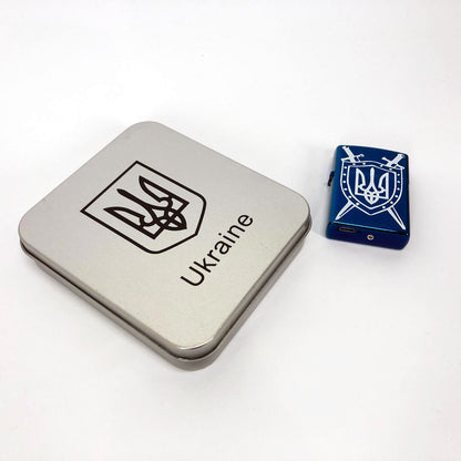 Дуговая электроимпульсная USB Зажигалка аккумуляторная Украина металлическая коробка HL-446. Цвет: синий