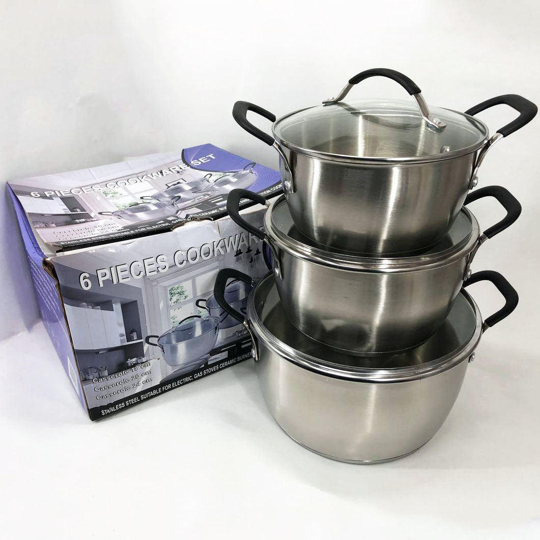 Набор кастрюль 6 предметов LB-1891 из нержавеющей стали со стеклянной крышкой, наборы кастрюль