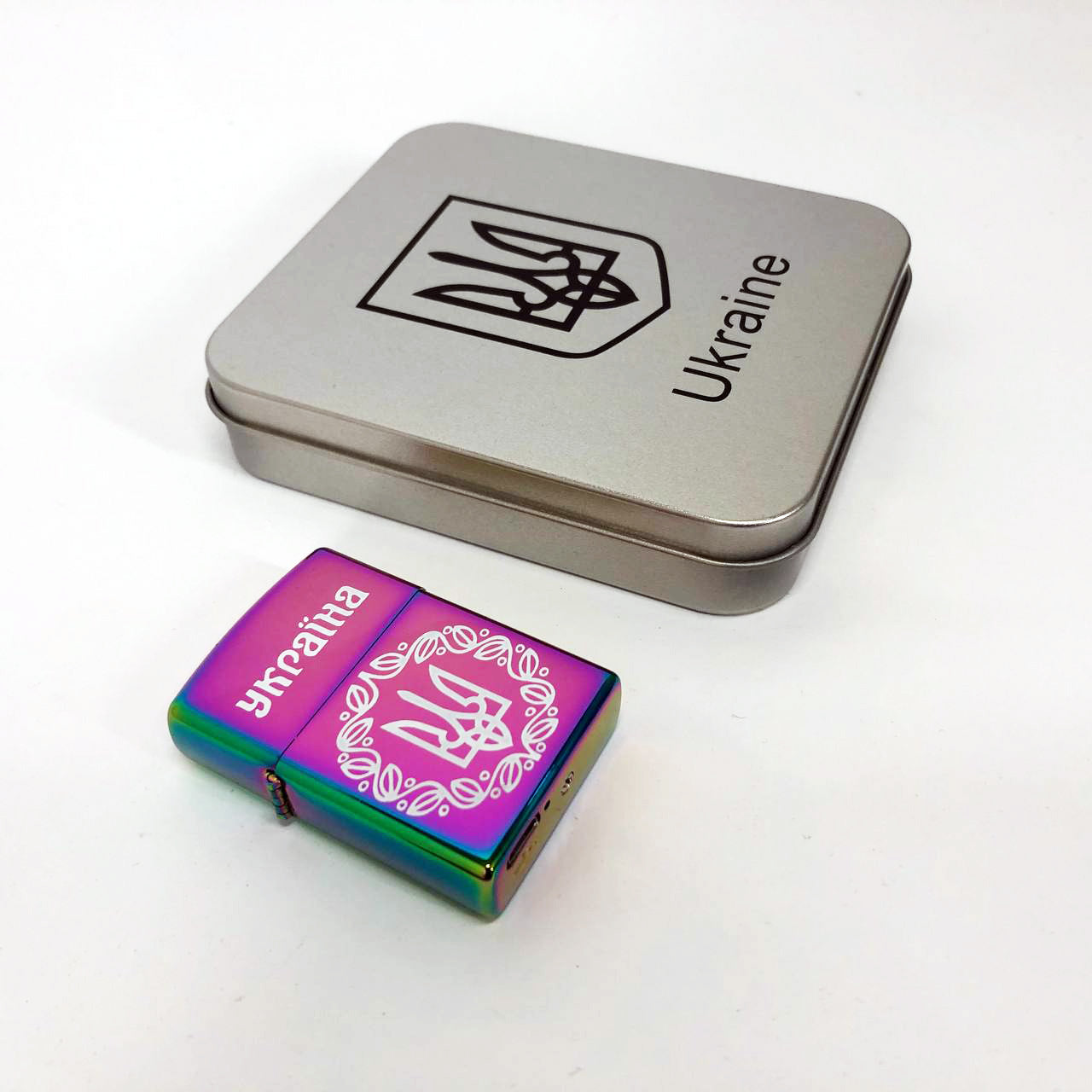 Дуговая электроимпульсная USB зажигалка Украина металлическая коробка HL-447. Цвет: хамелеон