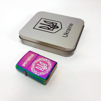 Дуговая электроимпульсная USB зажигалка Украина металлическая коробка HL-447. Цвет: хамелеон