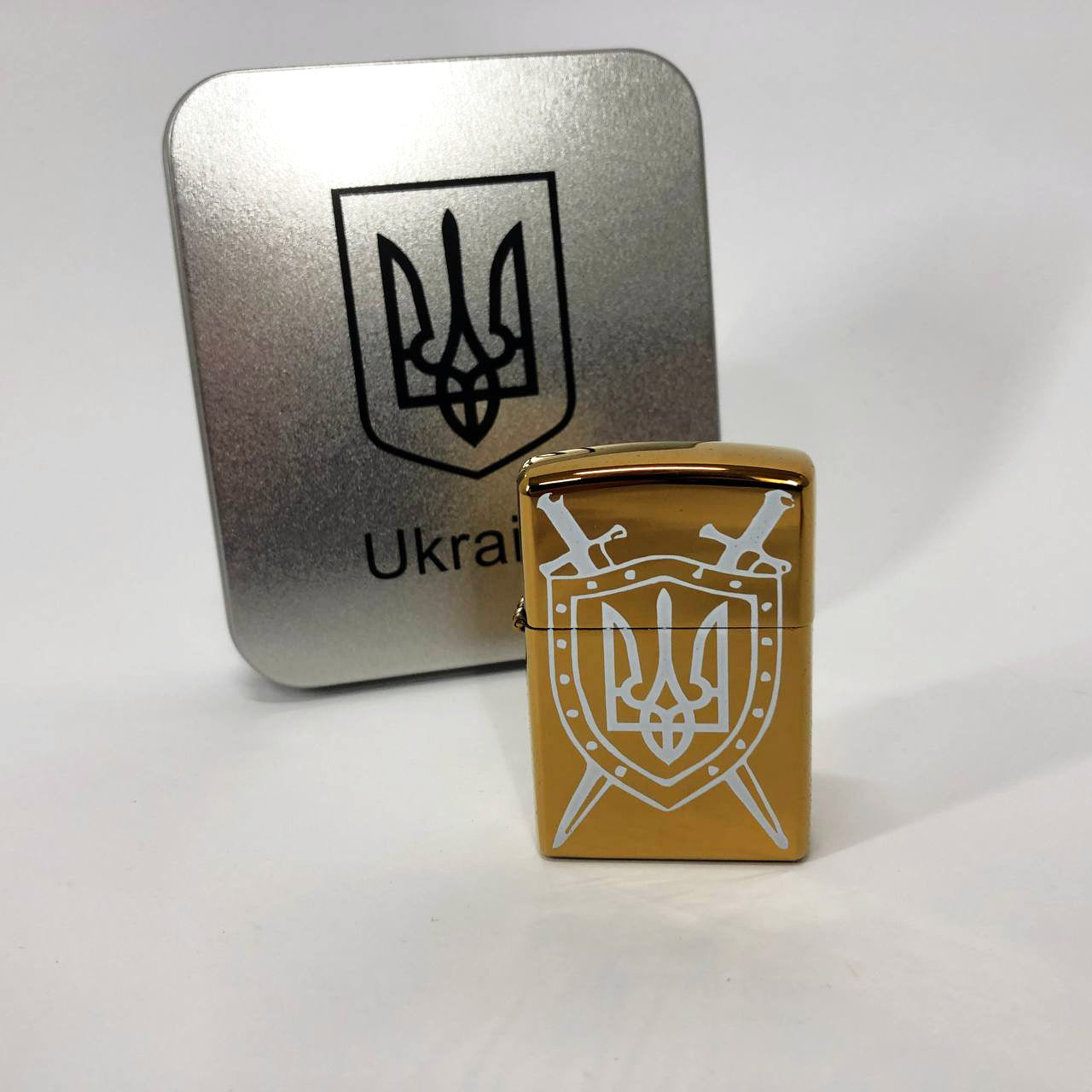 Дуговая электроимпульсная USB зажигалка Украина (металлическая коробка) HL-446. Цвет: золотой