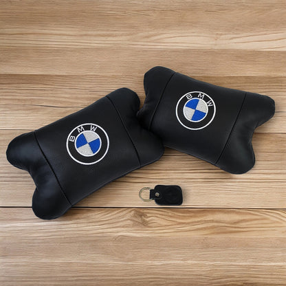 Авто подушки 2 шт — набор BMW из натуральной кожи, на подголовник в машину, Автомобильная подушка БМВ
