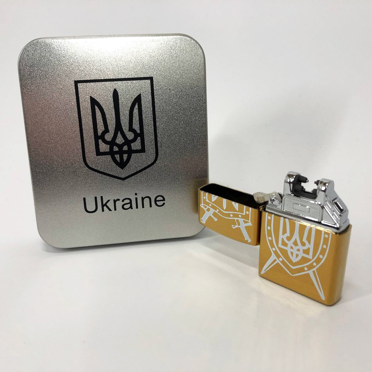 Дуговая электроимпульсная USB зажигалка Украина (металлическая коробка) HL-446. Цвет: золотой