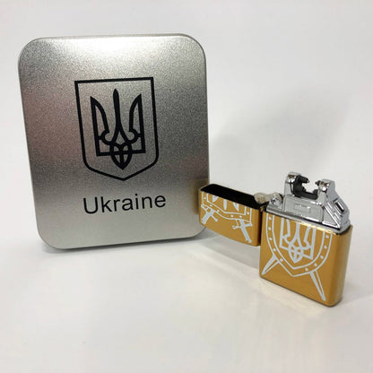 Дуговая электроимпульсная USB зажигалка Украина (металлическая коробка) HL-446. Цвет: золотой