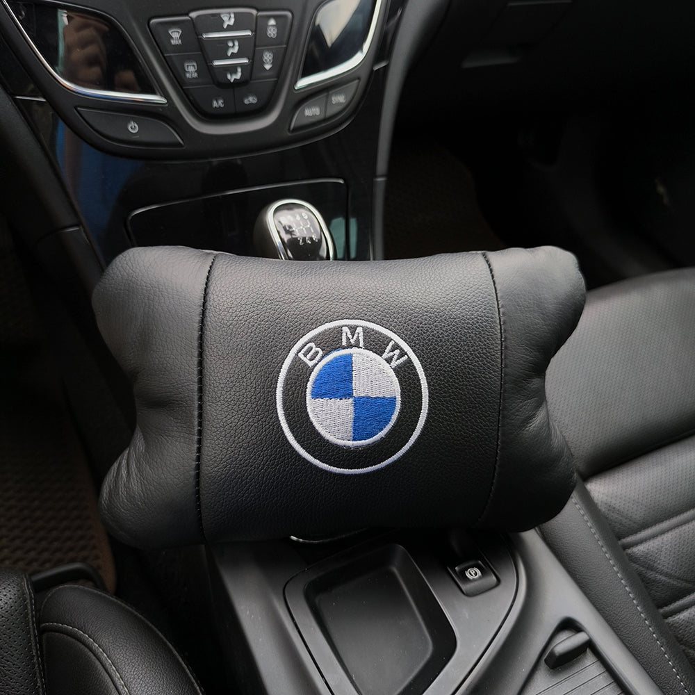 Авто подушки 2 шт — набор BMW из натуральной кожи, на подголовник в машину, Автомобильная подушка БМВ