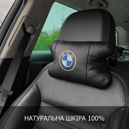 Авто подушки 2 шт — набор BMW из натуральной кожи, на подголовник в машину, Автомобильная подушка БМВ