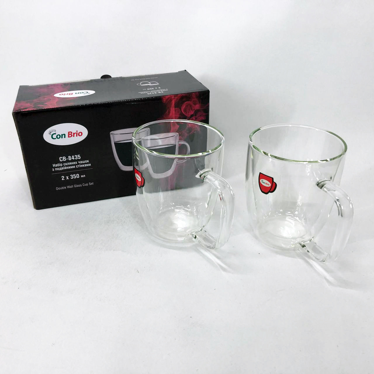 Набір скляних чашок із подвійними стінками з вушками Con Brio СВ-8435-2, 2шт, 350мл, з подвійним дном