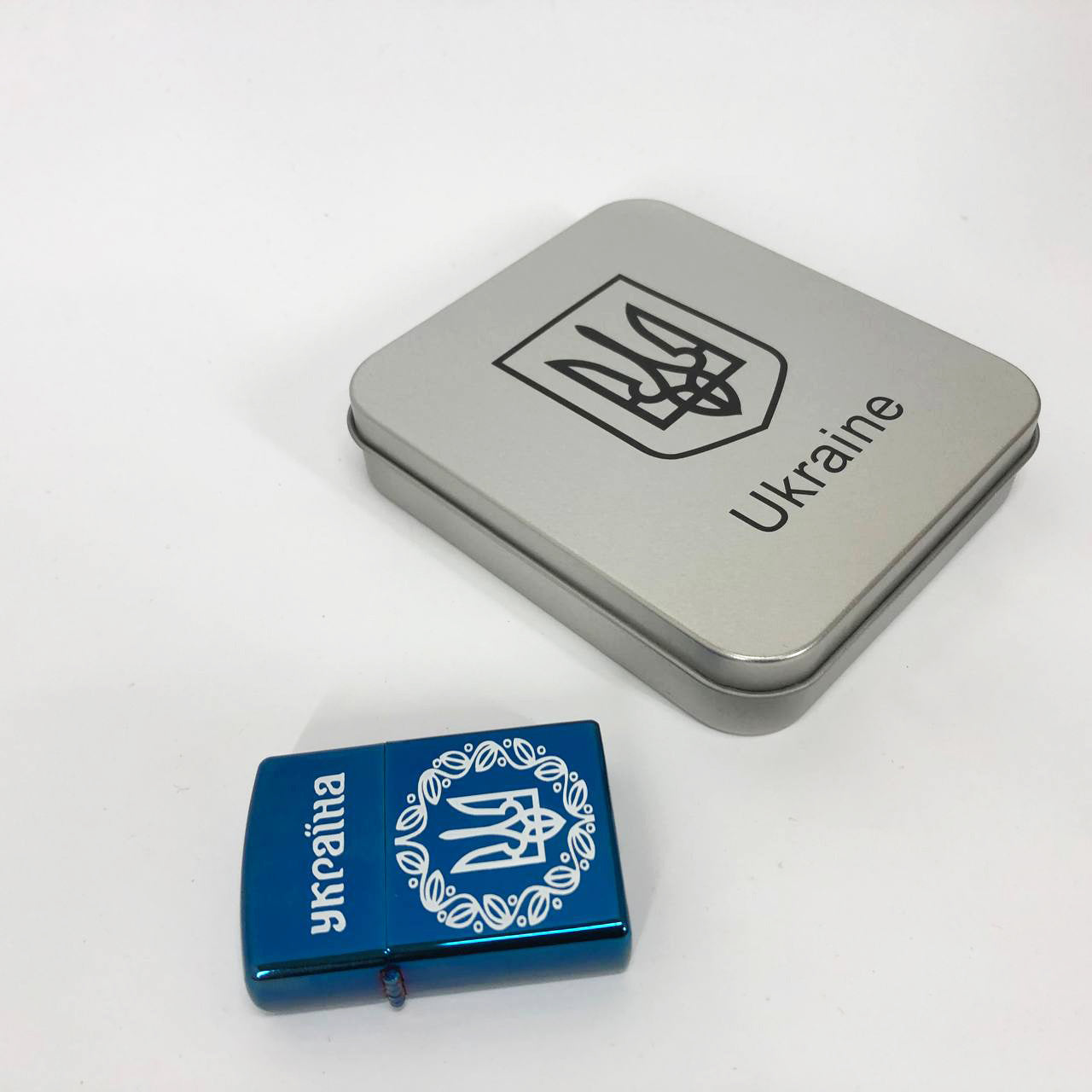 Дуговая электроимпульсная USB зажигалка Украина металлическая коробка HL-447. Цвет: синий