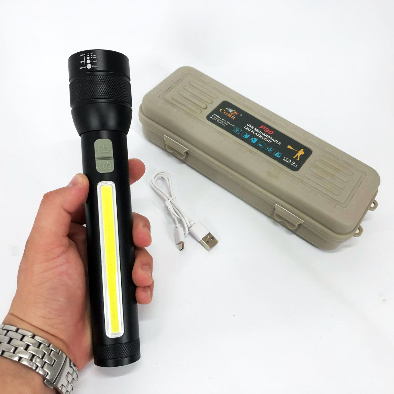 Фонарь аккумуляторный CB-C23-P90+COB, Фонарик светодиодный ручной аккумуляторный портативный