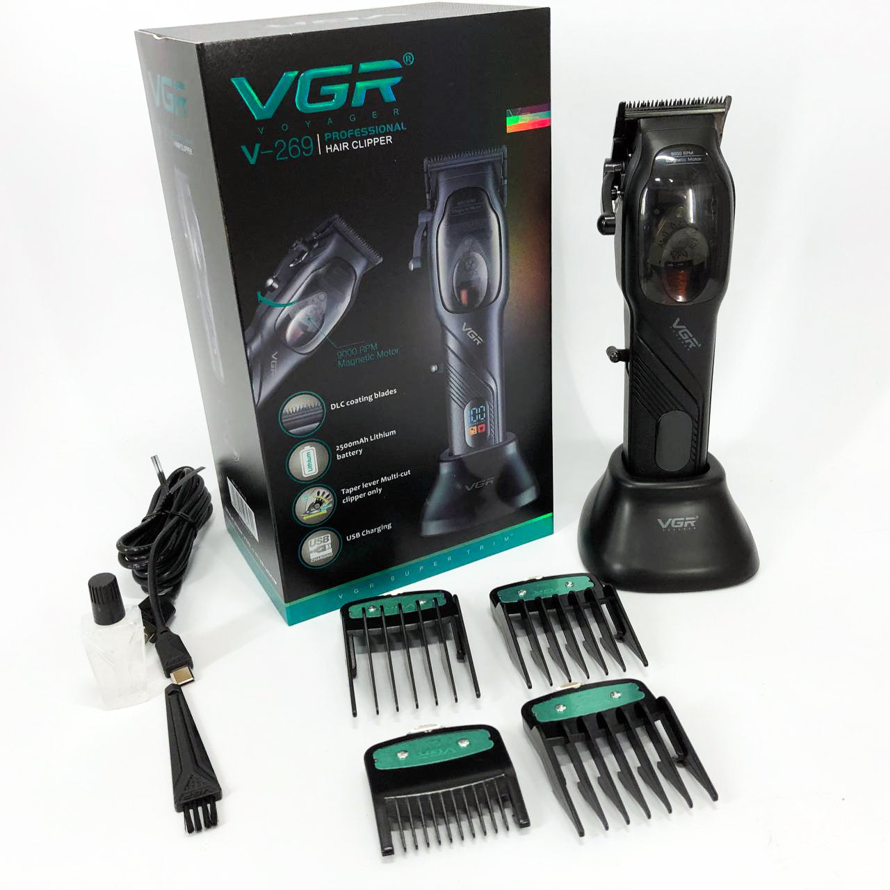 Машинка для стрижки волос VGR V-269 (профессиональная) с дисплеем и 4 насадками, окантовочная машинка