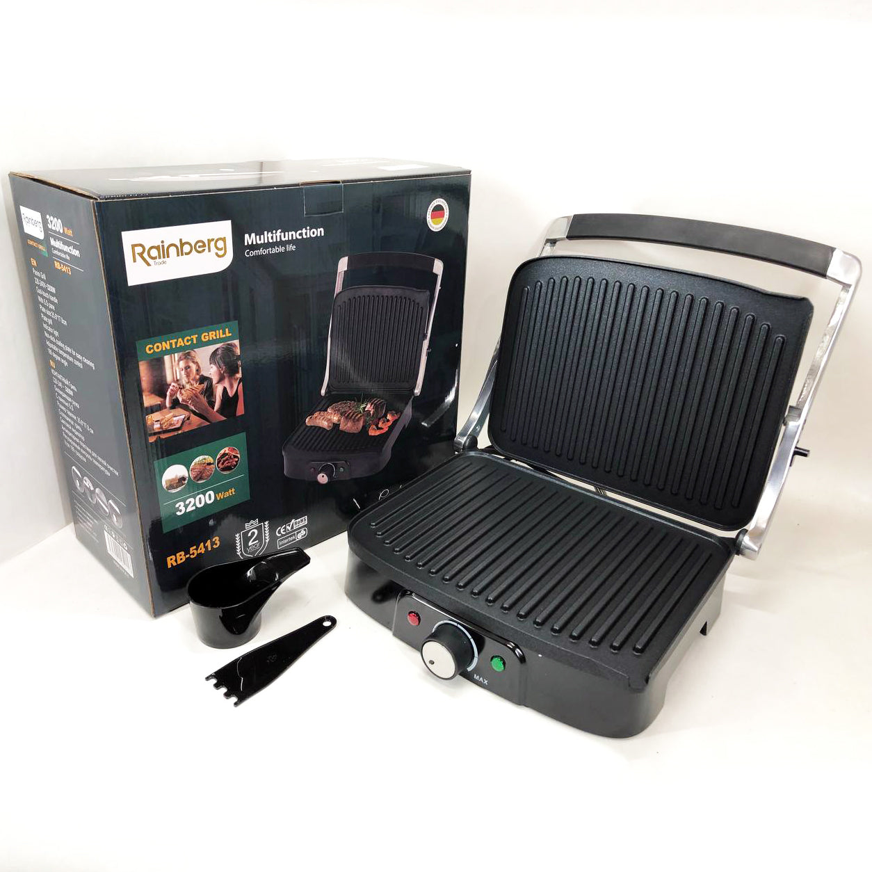 Гриль прижимной Rainberg RB-5413 терморегулятор антипригарный 3200 Вт нержавеющая сталь