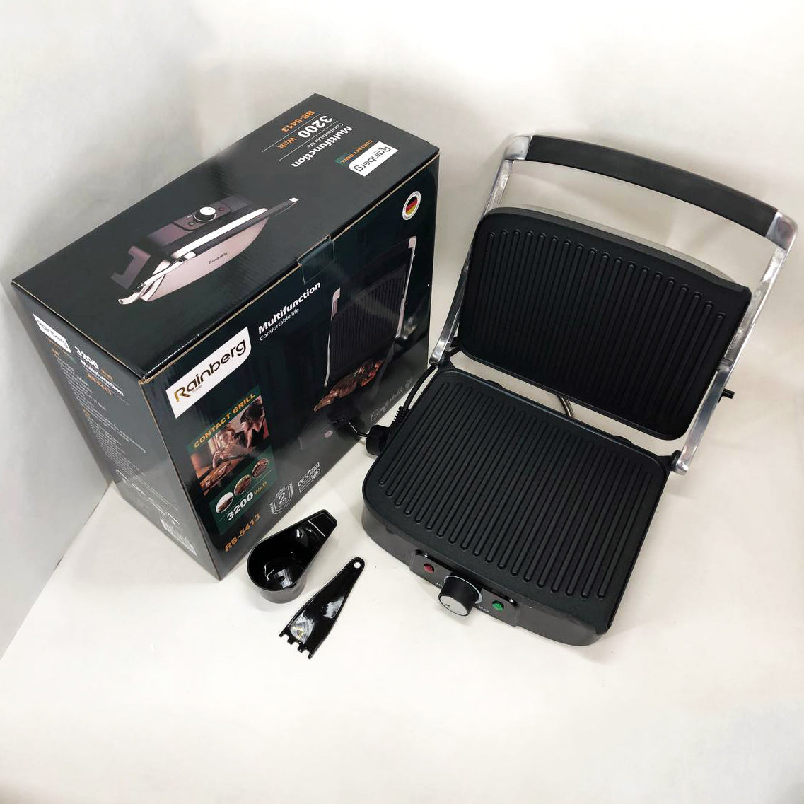 Гриль прижимной Rainberg RB-5413 терморегулятор антипригарный 3200 Вт нержавеющая сталь