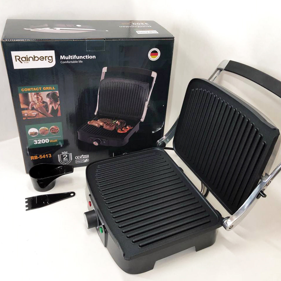 Гриль прижимной Rainberg RB-5413 терморегулятор антипригарный 3200 Вт нержавеющая сталь