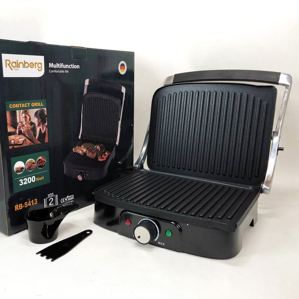 Гриль прижимной Rainberg RB-5413 терморегулятор антипригарный 3200 Вт нержавеющая сталь