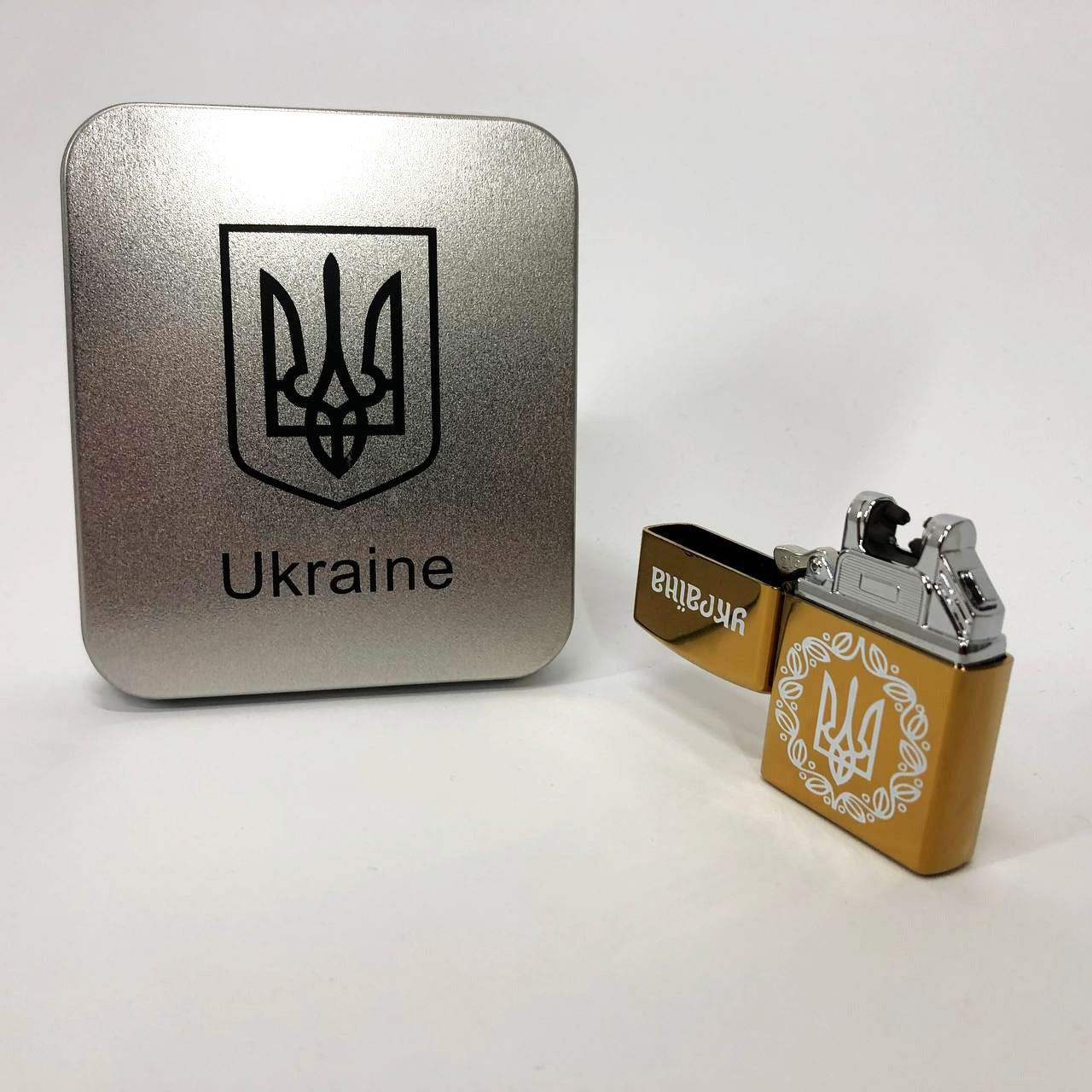 Дуговая электроимпульсная USB Юсб зажигалка Украина металлическая коробка HL-447. Цвет: золотой