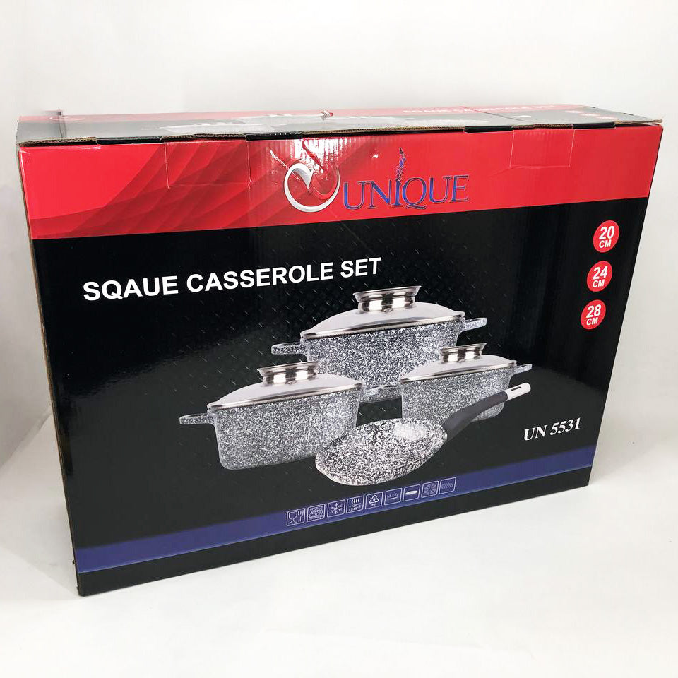 Набор казанов UNIQUE UN-5531 7 предметов, квадрат: 16 см, 20 см, 24 см, круглые 24 см сковорода