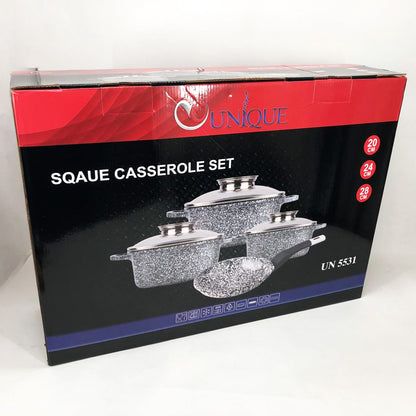 Набор казанов UNIQUE UN-5531 7 предметов, квадрат: 16 см, 20 см, 24 см, круглые 24 см сковорода