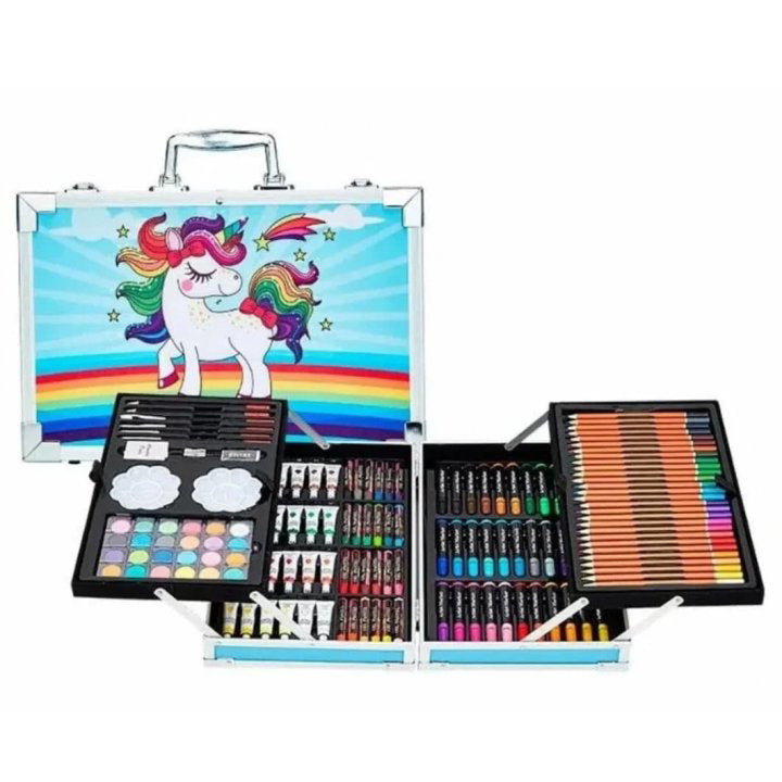 Набор для творчества в алюминиевом чемодане Единорог 145 предметов, чемодан для рисования детский кейс. Цвет: голубой