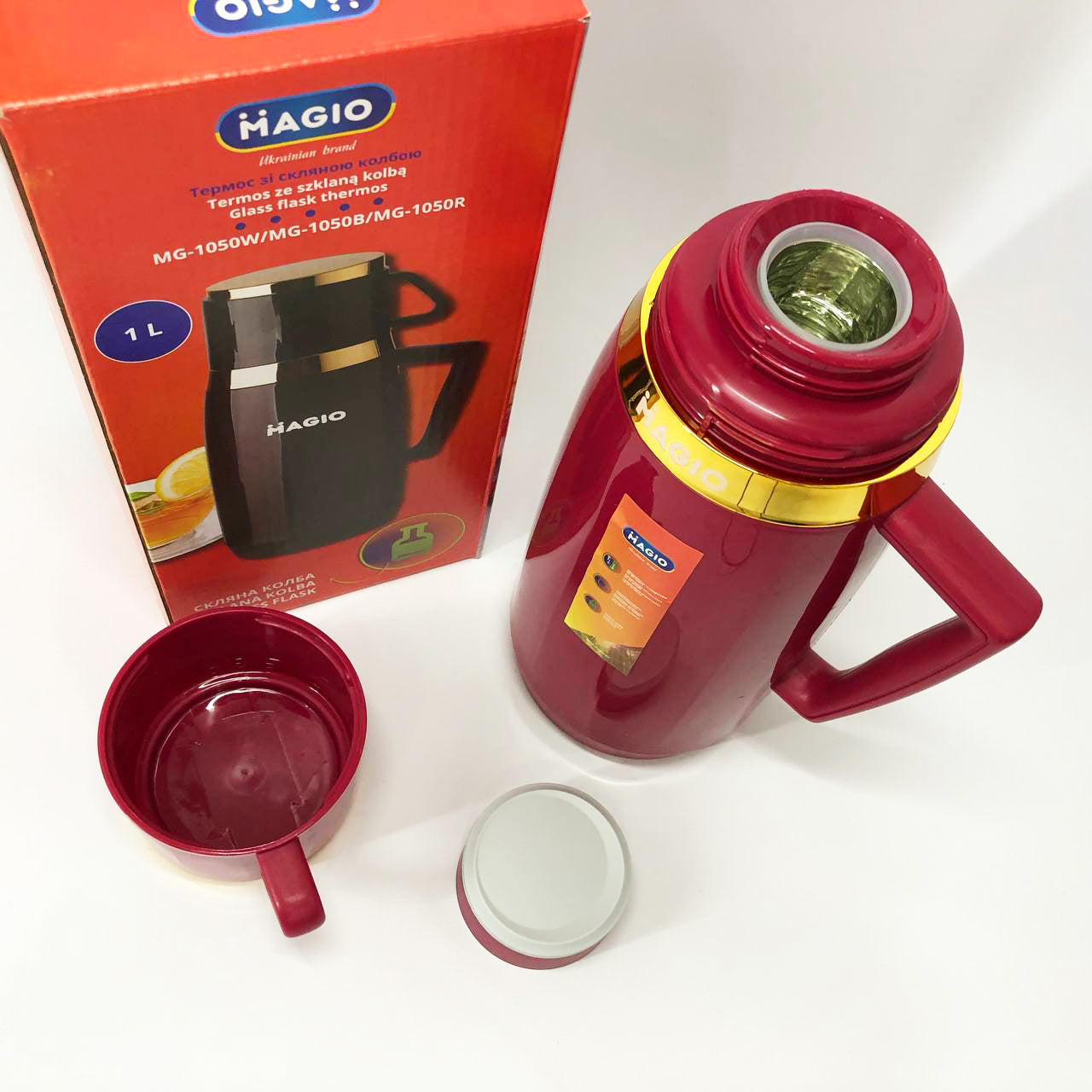 Термос Magio MG-1050R со стеклянной колбой, Термос для питьевой воды, Термос из нержавейки. Цвет: красный