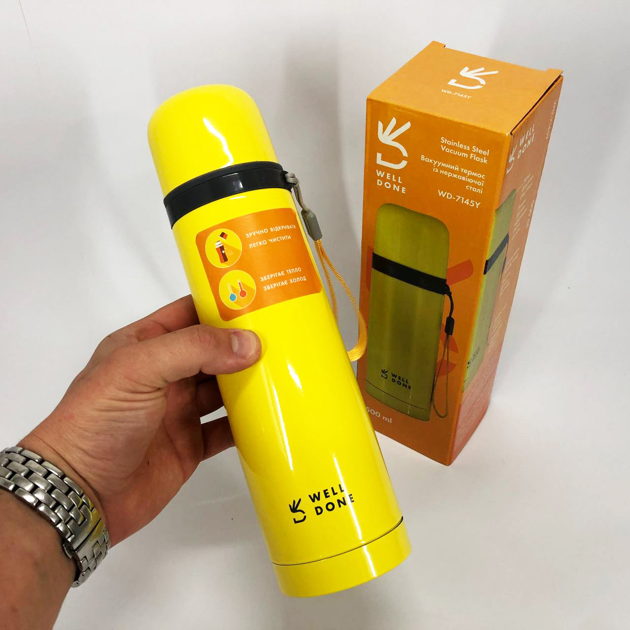 Термос вакуумный Well Done WD-7145Y 500 мл, Хороший небольшой термос для питьевой воды. Цвет: желтый