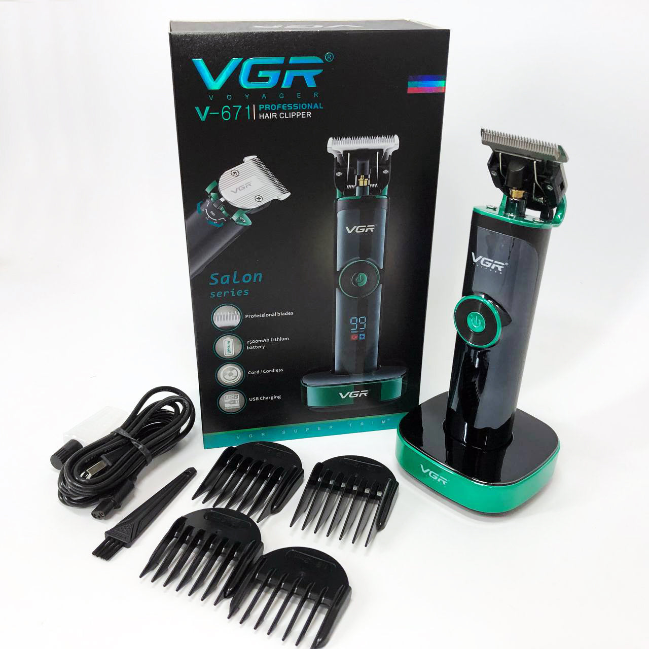 Универсальная машинка триммер для стрижки волос VGR V-671 аккумуляторный с набором насадок и LED дисплеем