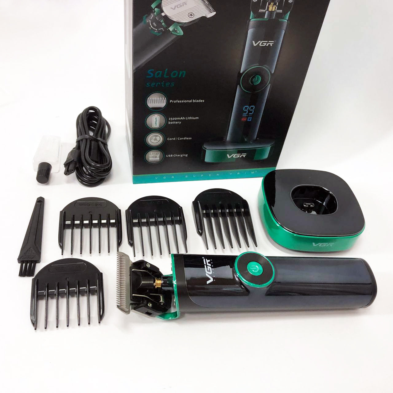 Универсальная машинка триммер для стрижки волос VGR V-671 аккумуляторный с набором насадок и LED дисплеем