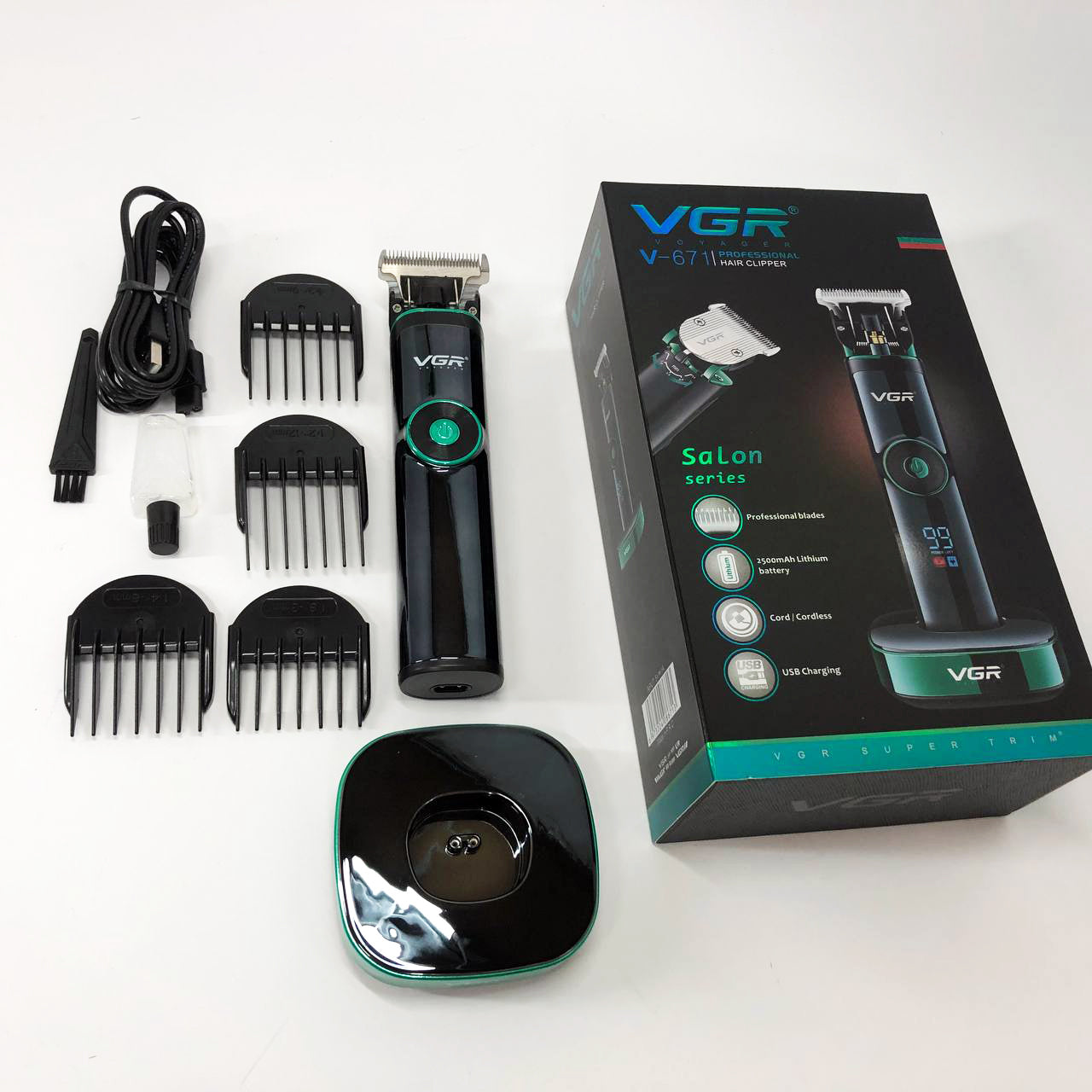 Универсальная машинка триммер для стрижки волос VGR V-671 аккумуляторный с набором насадок и LED дисплеем