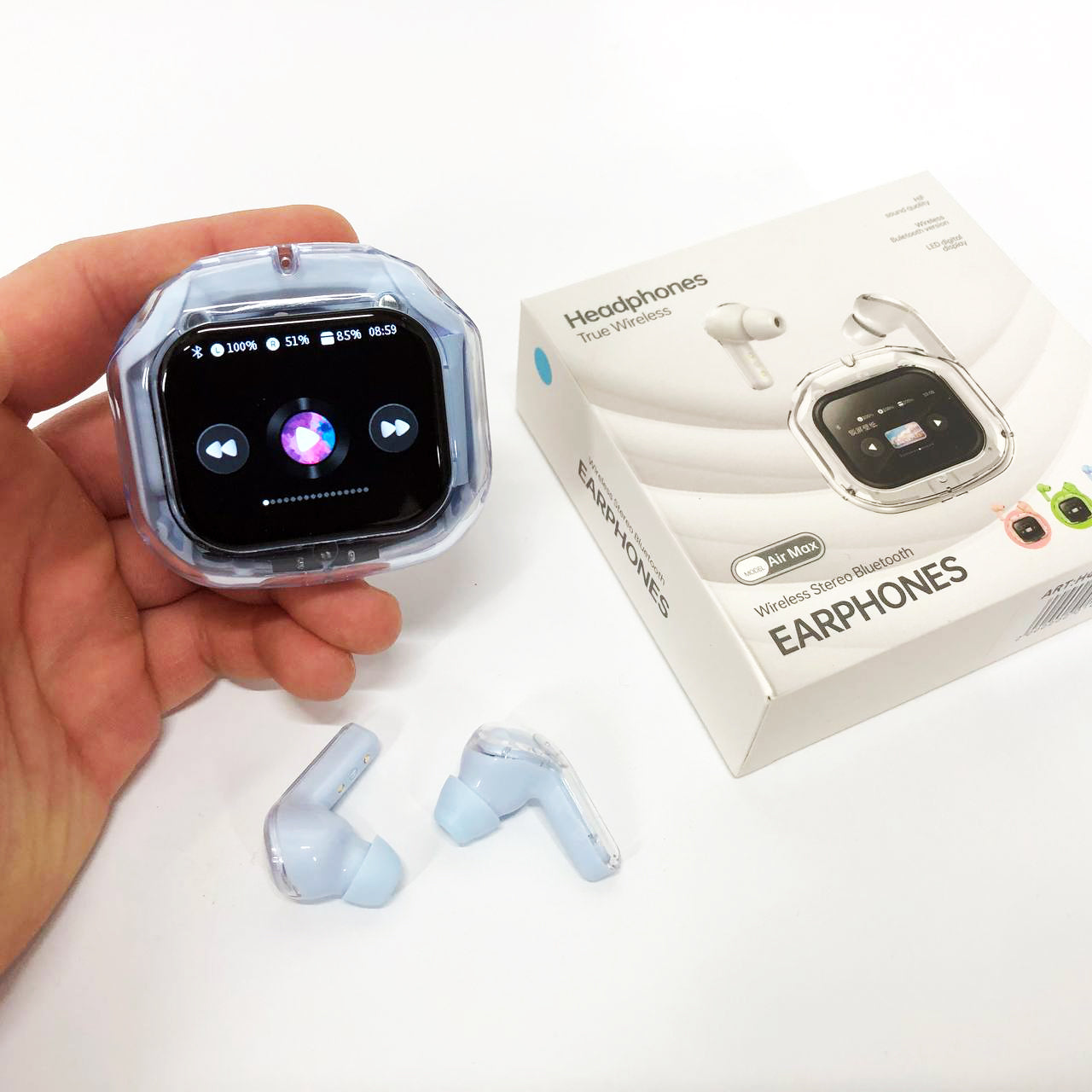 Беспроводные вакуумные наушники TWS с LED дисплеем, влагозащита IPx4 Bluetooth 5.4 с кейсом. Цвет: голубой