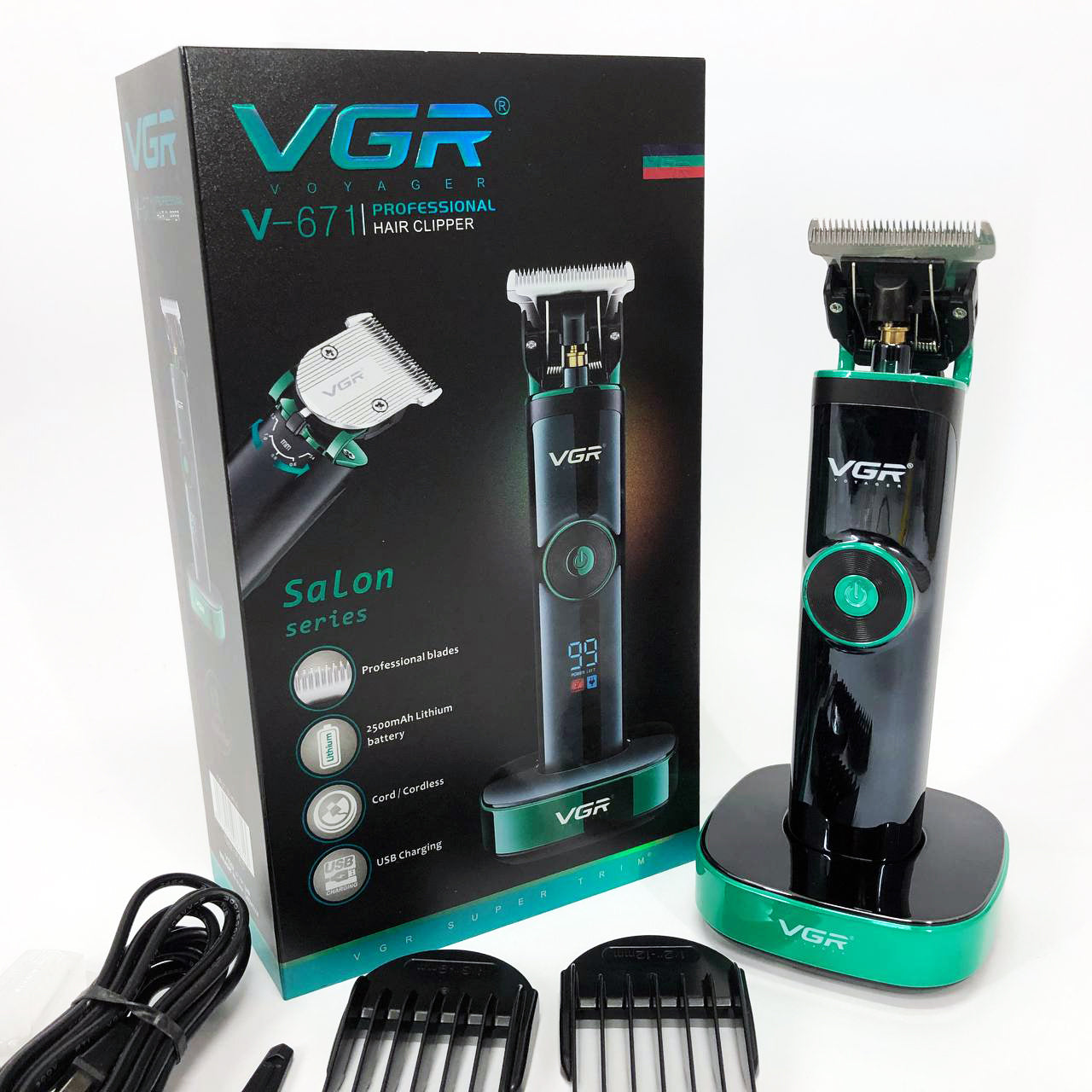 Универсальная машинка триммер для стрижки волос VGR V-671 аккумуляторный с набором насадок и LED дисплеем