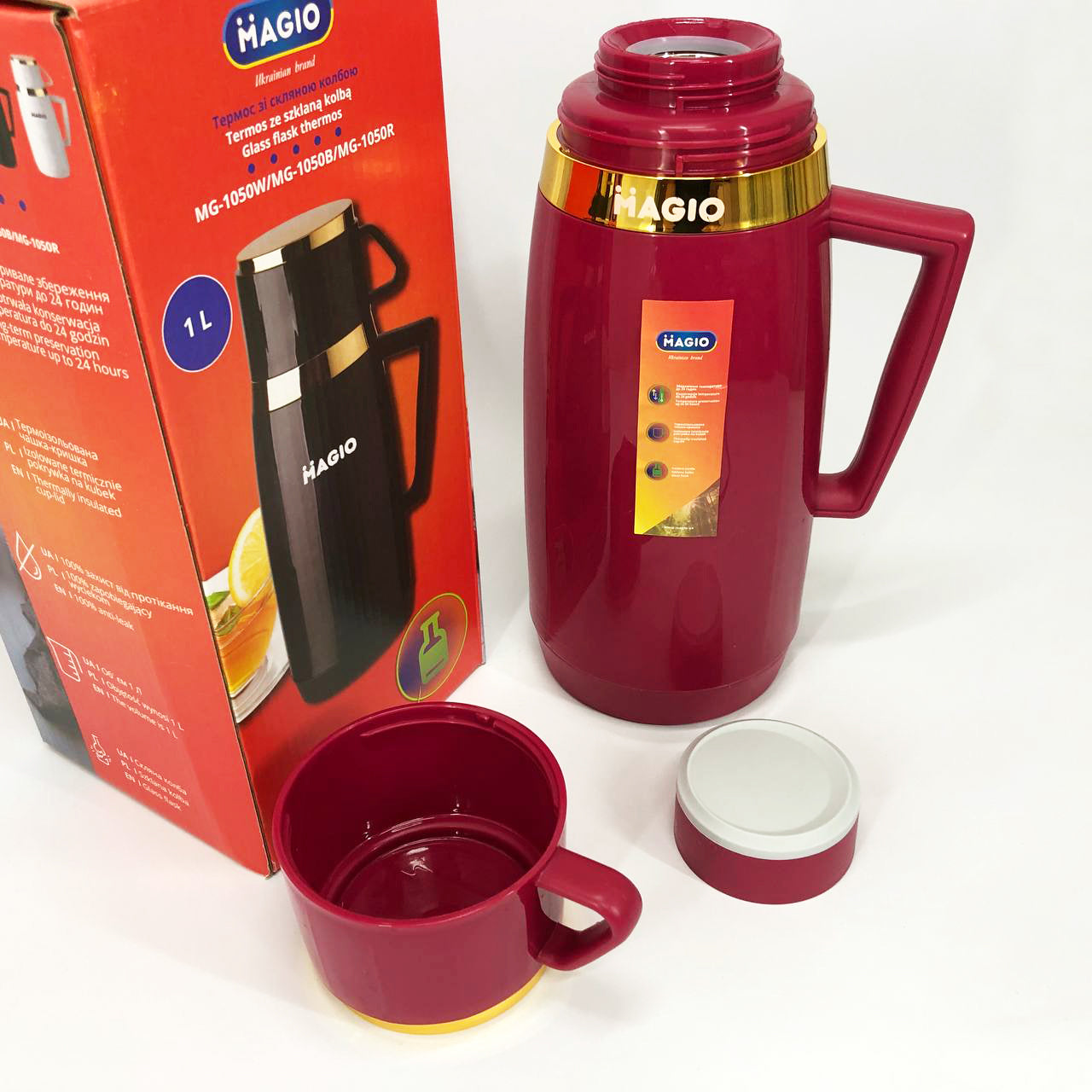 Термос Magio MG-1050R со стеклянной колбой, Термос для питьевой воды, Термос из нержавейки. Цвет: красный