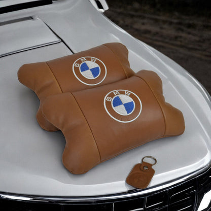 Комплект автоподушек 2шт из натуральной коричневой кожи для BMW. Ортопедическая подушка в авто БМВ
